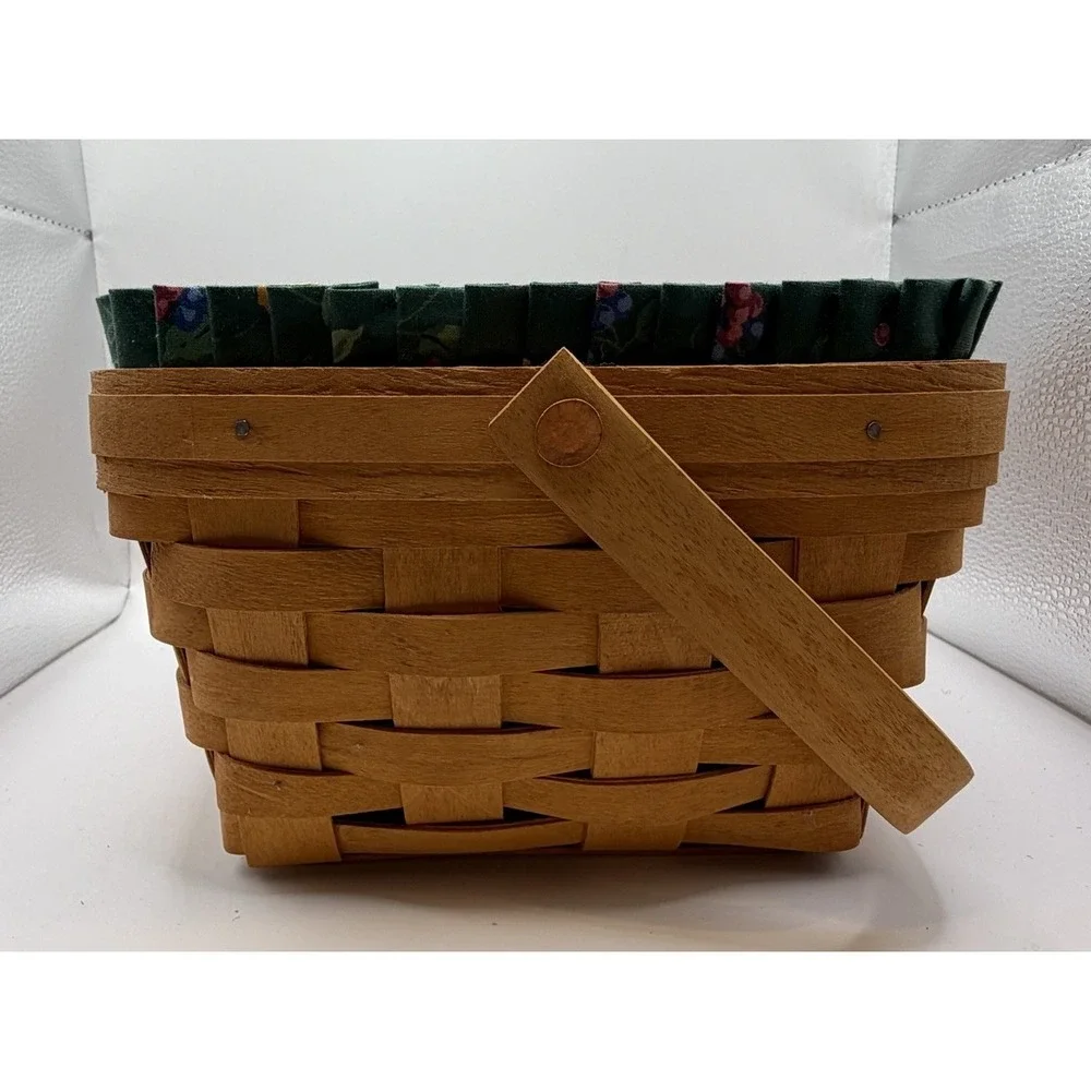 Longaberger Handwoven Basket 1996 w/ Emerald Vine Liner & Protector 8.5